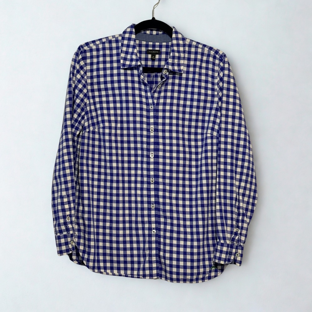 Talbots Womens Blue White Gingham Button Up Shirt Long Sleeve Preppy Classic M